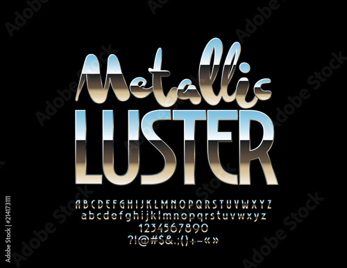Vector Metallic Mirror Effect Font. Reflective silver luxury Alphabet Letters, Numbers and Symbols
