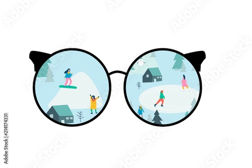 Look at the world through glasses. Vector stylized illustration of active young people. Winter season background people vector illustration flat design