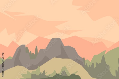 Vector illustration. Landscape with silhouettes of blue mountains, hills and forest. 