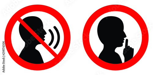 Keep quiet / silent please sign. Crossed person talking / Shhh icon in circle. photo