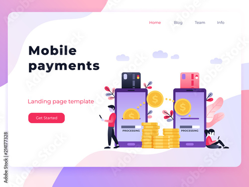 Cool ultraviolet vector contactless direct person to person payment using smart phone application and bank account credit card data. Landing page concept people using their phones as electronic wallet