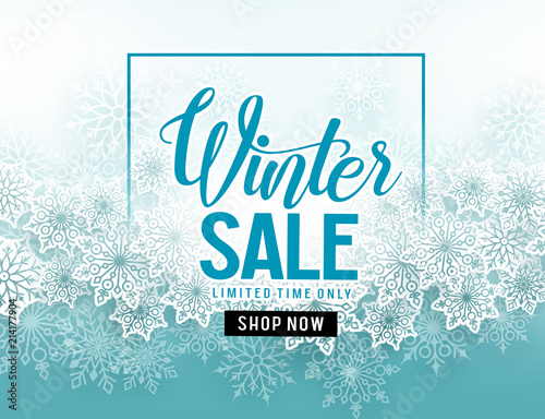 Winter sale vector banner with  white snowflakes elements and winter sale text in blue snow background for seasonal promotion. Vector illustration.
