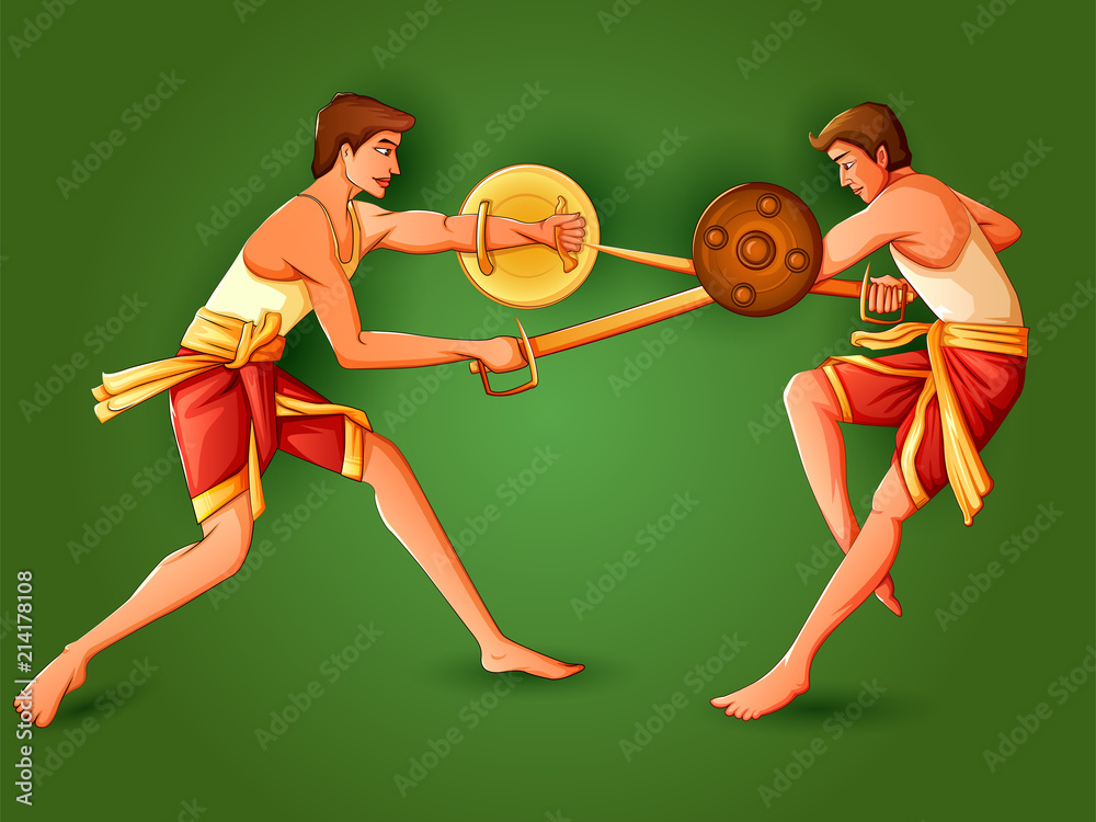 South Indian people performing Kalaripayattu dance form of martial art vector de Stock Adobe Stock