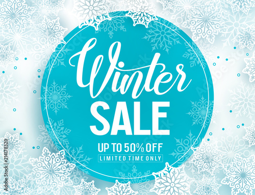 Winter sale vector banner template with white snowflakes background, snow elements and blue circle for winter sale typography. Vector illustration.

