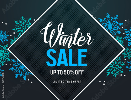 Winter sale vector banner design with colorful snow elements and discount text inside the frame in black snowflakes background for holiday marketing promotion. Vector illustration.
