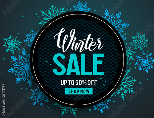 Winter sale vector banner template with colorful snowflakes elements and black empty circle for discount text in snow background for winter promotion. Vector illustration.
