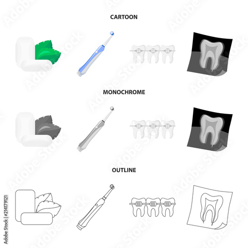 Mint chewing gum with mint leaves, toothbrush with bristles, bregettes with teeth, X-ray of the tooth. Dental care set collection icons in cartoon,outline,monochrome style vector symbol stock