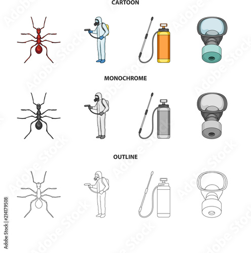 Ant, staff in overalls and equipment cartoon,outline,monochrome icons in set collection for design. Pest Control Service vector symbol stock web illustration.