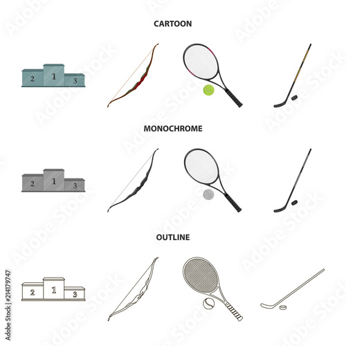Pedestal of honor for the winners, bow for shooting arrows, racket with a ball for the tennis, hockey stick and puck. Sports set collection icons in cartoon,outline,monochrome style vector symbol