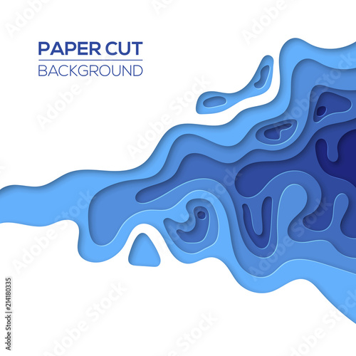 Modern sea, ocean paper cut art design template with cartoon abstract blue waves splash