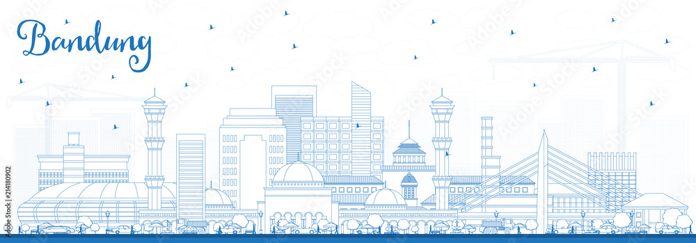 Outline Bandung Indonesia City Skyline with Blue Buildings.