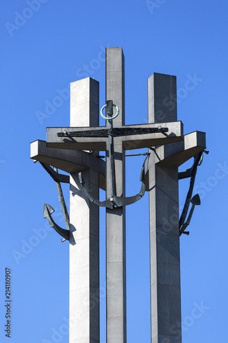 GDANSK, POLAND - JUNE 6, 2018:  Monument to the fallen Shipyard Workers 1970, next to Gdansk Shipyard, previously Lenin Shipyard