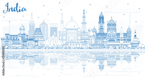 Outline India City Skyline with Blue Buildings.
