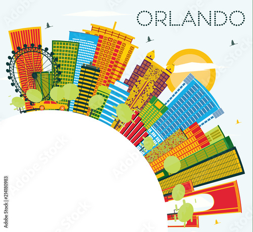 Orlando Florida City Skyline with Color Buildings, Blue Sky and Copy Space.