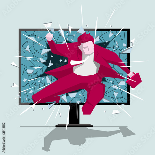 Businessman hurdles running, cross the computer monitor. Background is blue.	