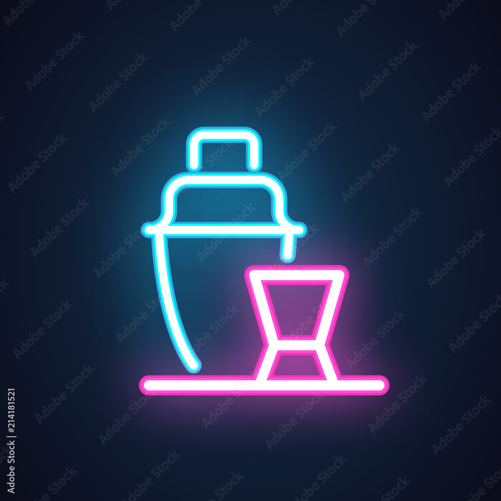 Bottle and shot drink neon icon. Alcoholic beverage symbol. Logo in retro style for night clubs, bars, pubs, happy hour, menu and other design needs. Vector illustration isolated on black Bottle and shot drink neon icon. Alcoholic beverage symbol. Logo in retro style for night clubs, bars, pubs, happy hour, menu and other design needs. Vector illustration isolated on black