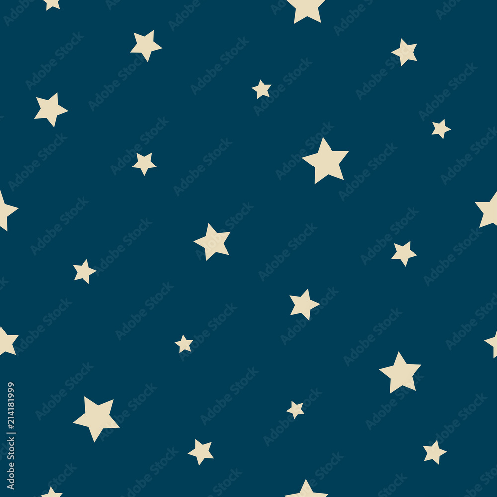 Seamless abstract pattern with yellow stars of different size on dark blue background. Vector illustration.
