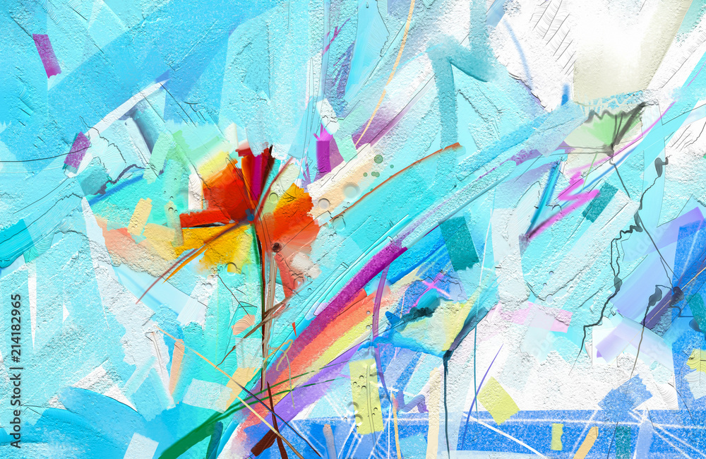 Fototapeta premium Abstract colorful oil painting on canvas. Semi- abstract image of flowers, in green and red with blue color. Hand drawn brush stroke, oil color paintings. Modern art oil paintings for background