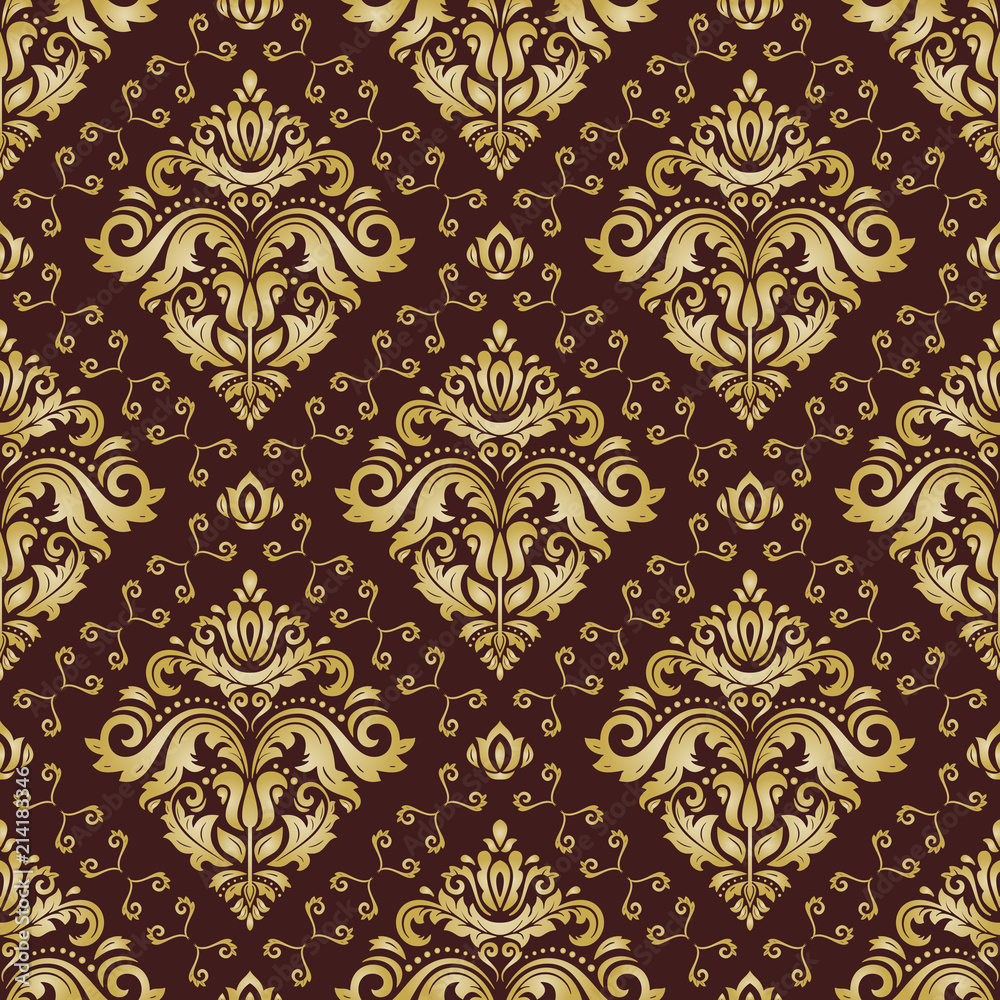 Classic seamless vector pattern. Damask orient ornament. Classic vintage brown and golden background. Orient ornament for fabric, wallpaper and packaging