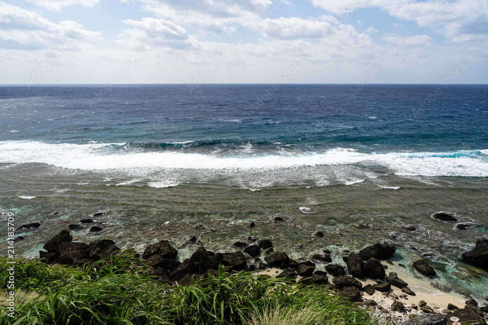 Blue deep water and rocky sea shore at seaside in Batanes island northern most of Philippines