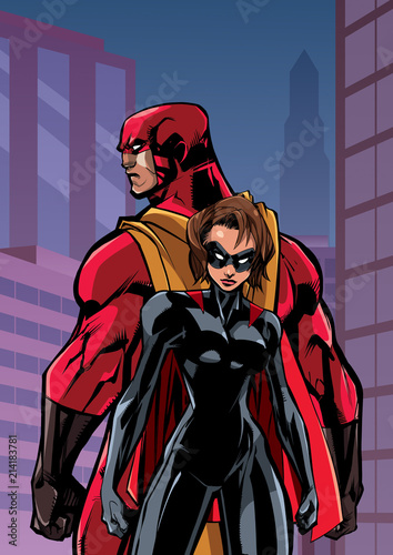 Superhero couple standing back to back on city background.