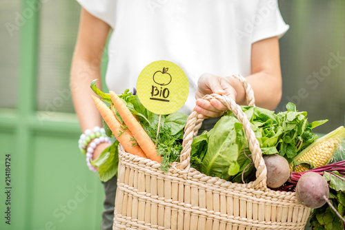 Holding bag full of fresh organic vegetables with green sticker from the local market on the green background photo