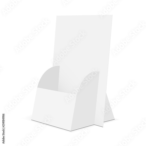 Cardboard brochure display stand - half side view. Flyer holder mockup isolated on white background. Vector illustration