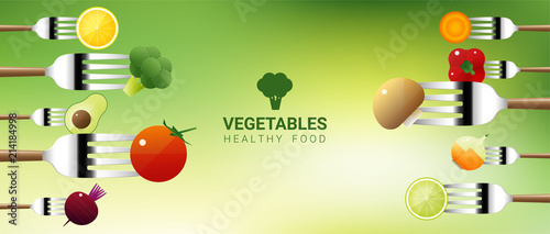 Vegetables on forks isolated on natural background , healthy food concept , vector , illustration