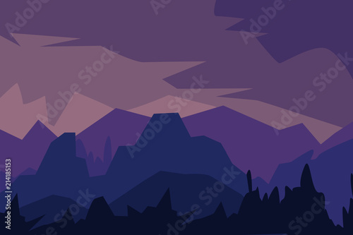 Vector illustration. Landscape with silhouettes of blue mountains, hills and forest. 