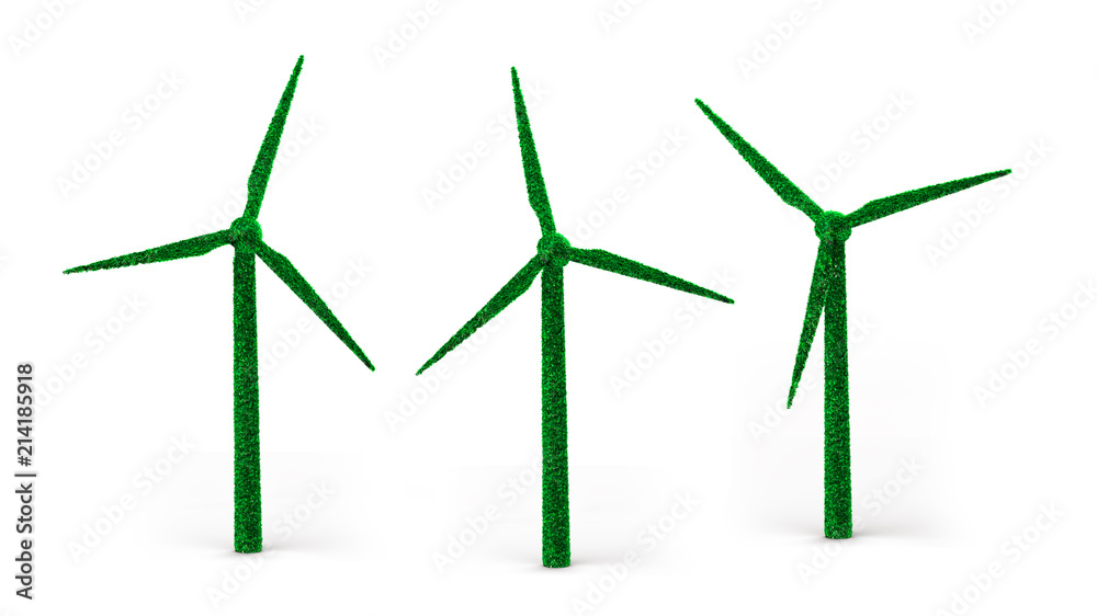 Green grass in wind turbines shape, isolated on white background, concept of ECO, renewable energy and circular economy, 3D illustration.