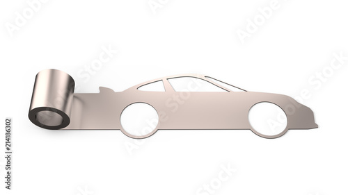 Metal roller sheet in sport car shape, isolated on white background, concept of energy saving, 3D illustration.