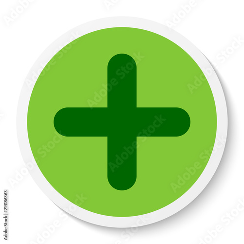 Flat round sticker plus sign icon, button. Positive symbol isolated on white background. Vector EPS 10