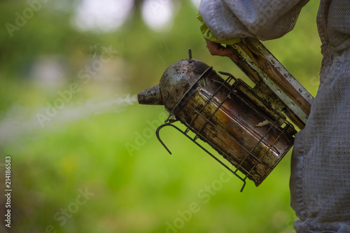 Old bee smoker, Beekeeping tool, Sring in an apiary