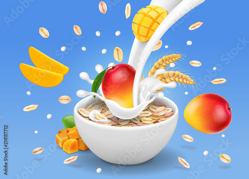 Instant oatmeal mango advertising Milk flowing into a bowl with grain.