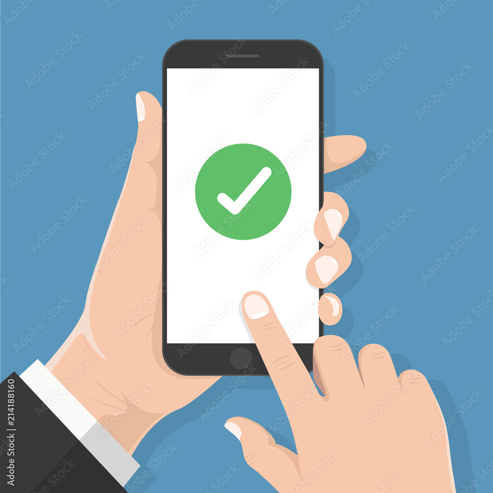 Flat design style human hand holding smartphone or tablet with green check mark on the screen , vector design element illustration Flat design style human hand holding smartphone or tablet with green check mark on the screen , vector design element illustration