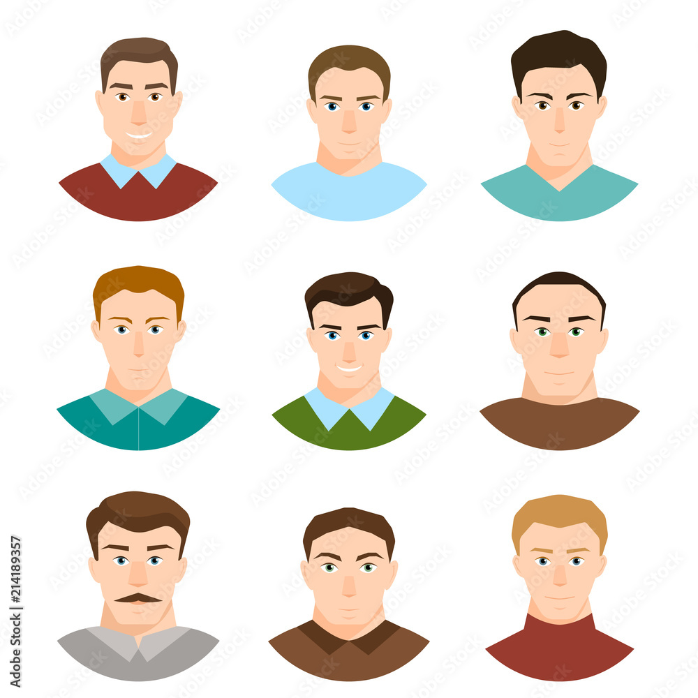 male character face avatars. flat style people set. male character face avatars. flat style people set.