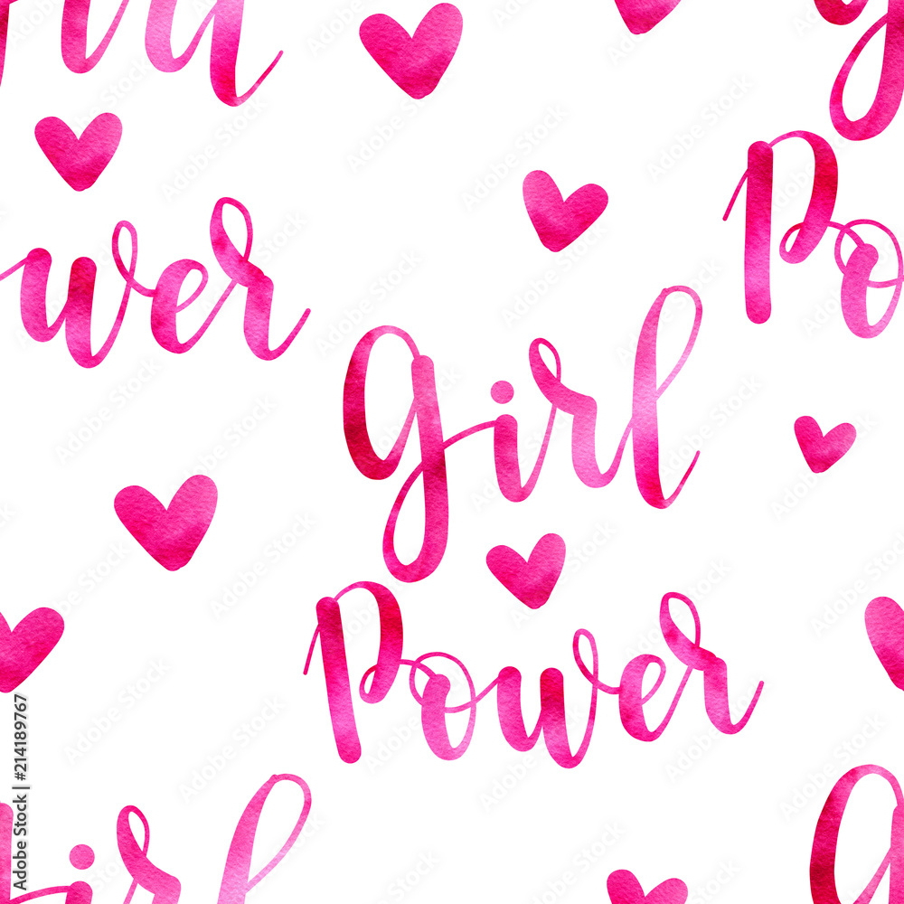 Girl power watercolor pink seamless pattern with hearts, calligraphy