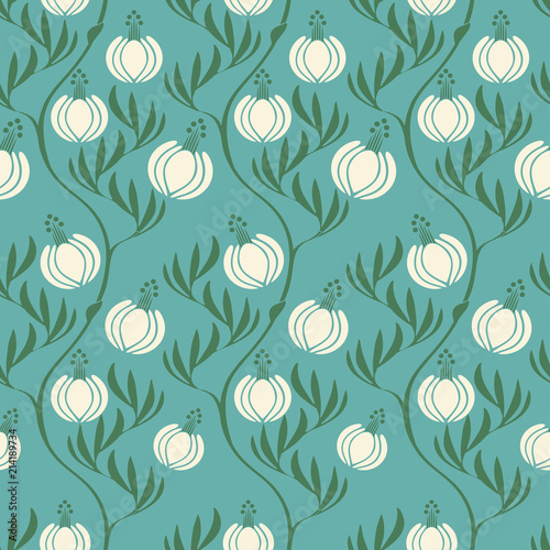 asian style floral seamless pattern with bell flowers in green shades