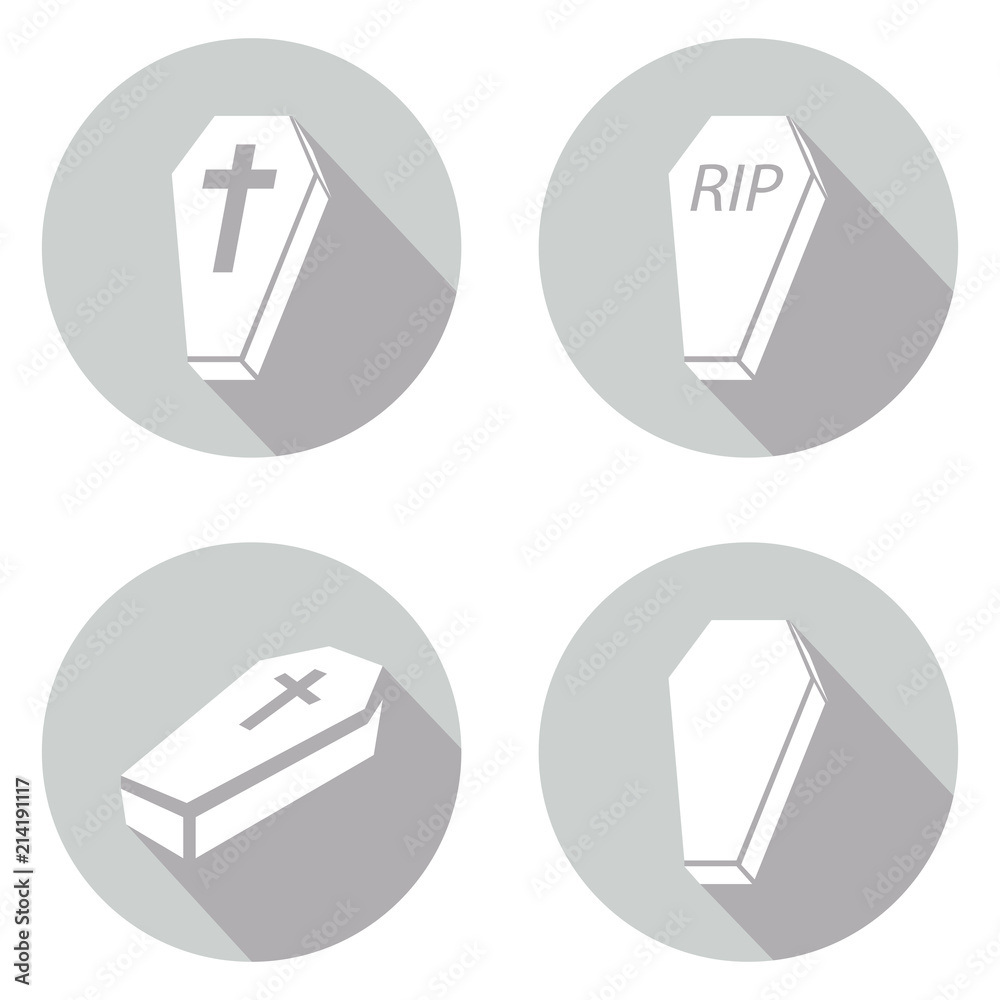 Set of coffin icons in a gray circle Set of coffin icons in a gray circle