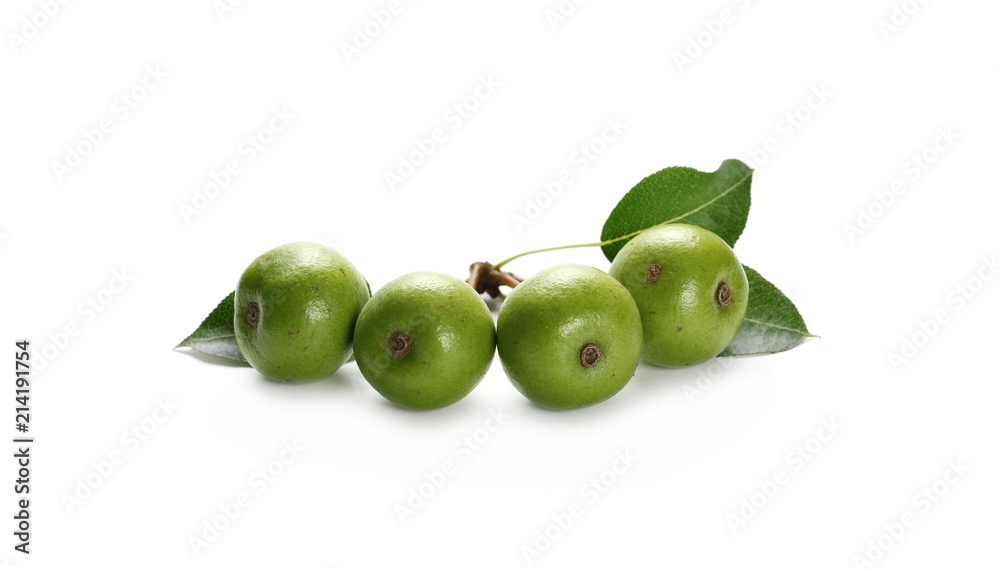 Wild, young green pears with twig and leaves isolated on white background Wild, young green pears with twig and leaves isolated on white background