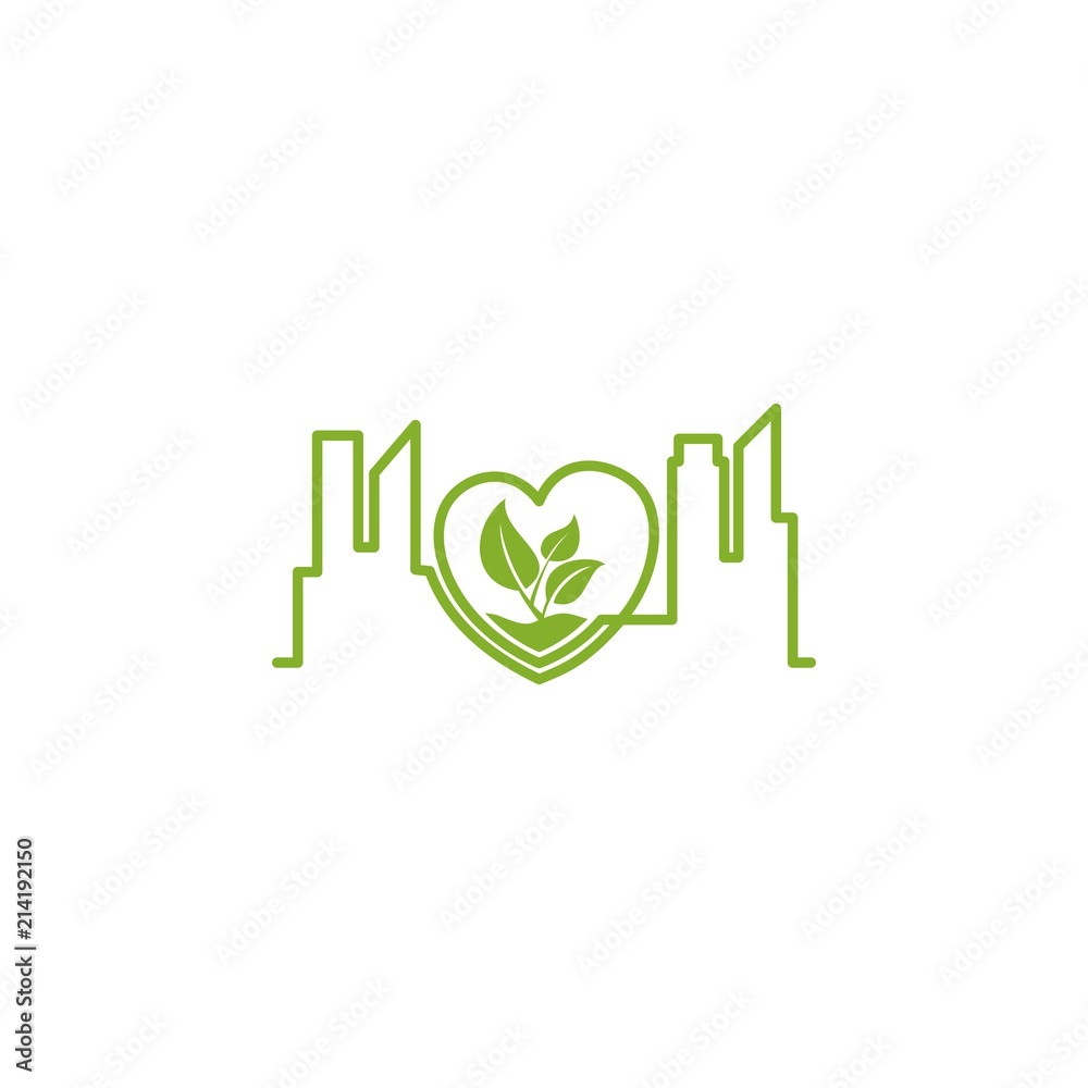 Abstract office building on green leaf in the love shape icon logo. Abstract office building on green leaf in the love shape icon logo.