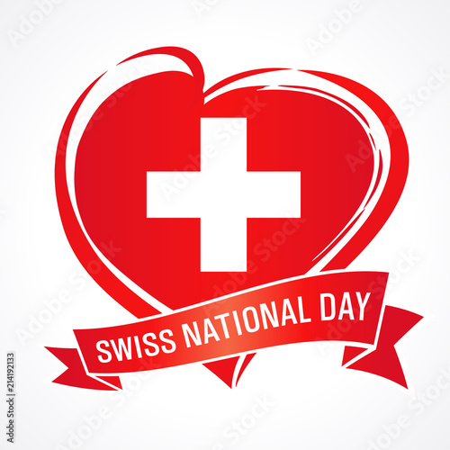 Swiss National Day, banner with heart in flag color and ribbon. National holiday in Switzerland 1 August 1291, vector greetings card. Celebration Swiss Confederation anniversary of Foundation date