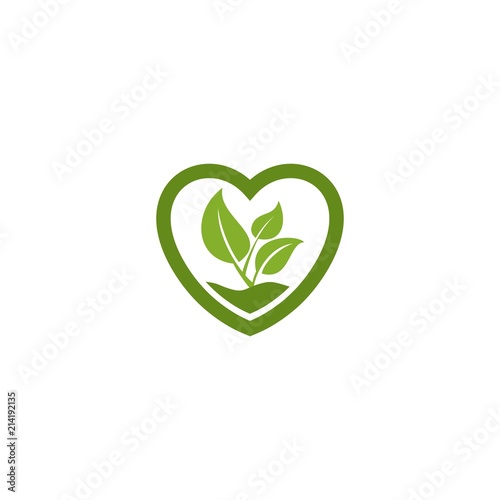 Green leaf in the love shape plant pot logo.