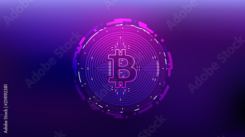 Cyberpunk Bitcoin Futuristic Sci-Fi Technology Cryptocurrency Textured Coin Hi-Tech Illustration. Isolated on Purple Mesh Background	