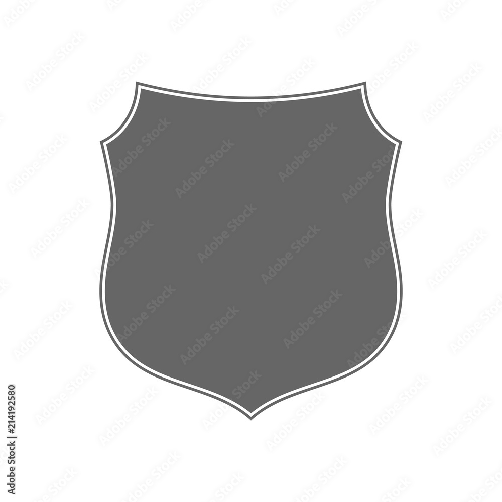 Shield shape icon. Gray label sign, isolated on white. Symbol of protection, arms, coat honor, security, safety. Flat retro style design. Element vintage heraldic emblem. Vector illustration