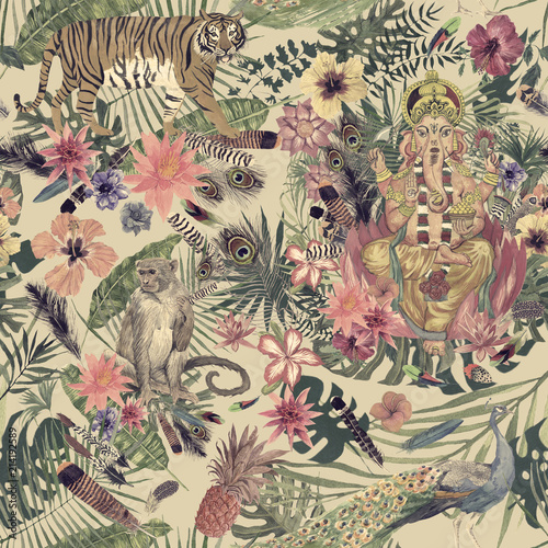 Sesmless hand drawn watercolor pattern with Ganesha, tiger, monkey, peacock, feathers, flowers.