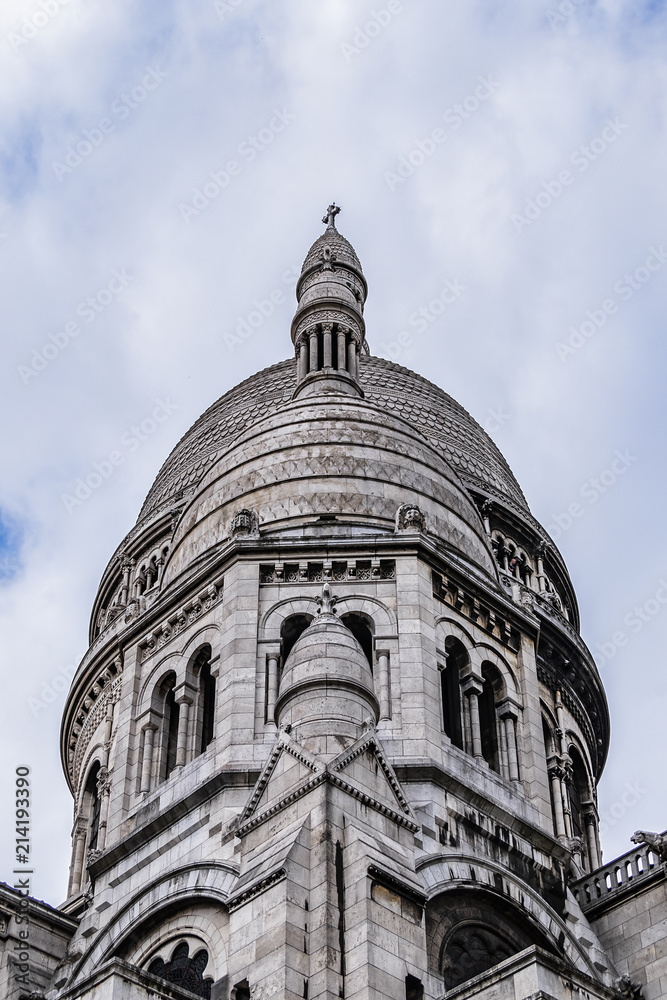 Detail of Basilica Sacre Coeur - Roman Catholic Church and minor Basilica, dedicated to Sacred Heart of Jesus. Paris, France.