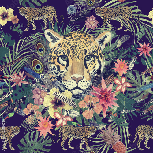 Seamless hand drawn watercolor pattern with leopard, flowers, feathers, flowers.