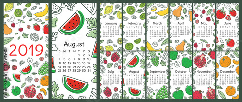 Calendar 2019. Vector English calender template. Fruits, berries. Lemon, kiwi, banana, pear, cherry, strawberry, raspberry, watermelon, grapes, apple. Hand drawn design. Doodle sketch. Sunday