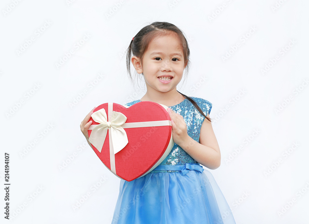 Happy little child girl with red heart gift box isolated on white background. Happy little child girl with red heart gift box isolated on white background.